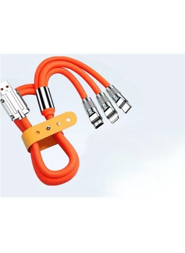 6A  3 in 1 Fast Charger Cord Multi Function Charging Cable120W, 1.2 Meter Super Soft Silicone Universal USB Charging Cable Adapter with Lightning/Type C/USB Port(Orange) - Image 5