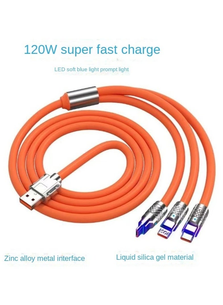 6A  3 in 1 Fast Charger Cord Multi Function Charging Cable120W, 1.2 Meter Super Soft Silicone Universal USB Charging Cable Adapter with Lightning/Type C/USB Port(Orange) - Image 4