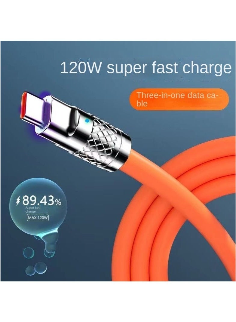 6A  3 in 1 Fast Charger Cord Multi Function Charging Cable120W, 1.2 Meter Super Soft Silicone Universal USB Charging Cable Adapter with Lightning/Type C/USB Port(Orange) - Image 3