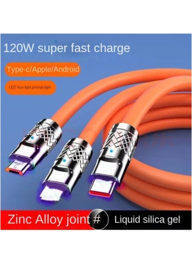 6A  3 in 1 Fast Charger Cord Multi Function Charging Cable120W, 1.2 Meter Super Soft Silicone Universal USB Charging Cable Adapter with Lightning/Type C/USB Port(Orange) - Image 1