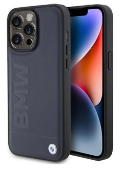 BMW iPhone 14 Pro - Leather Navy Blue Mag Safe Compatible Hard Case Hot Stamp Design - BMW  - Image 1