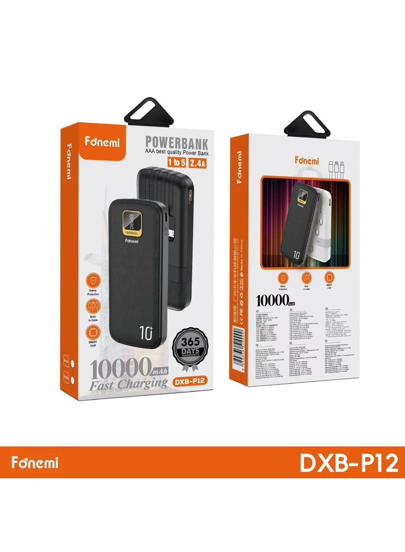 Fonemi DXB-P12 10000mAh Fast Charging Power Bank Built-in Cable Dual USB Smart Protection 1 Year Warranty