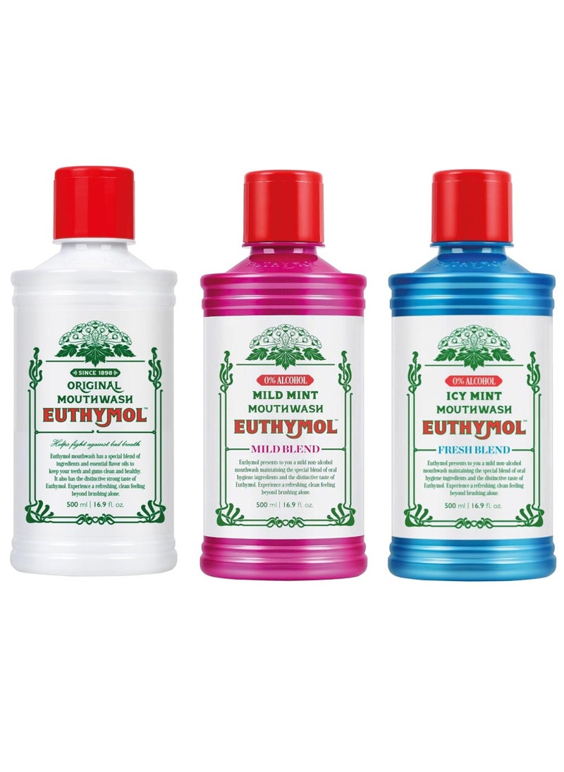 Euthymol Euthymol Original Mouthwash 500ml + Euthymol Icy Mint Mouthwash 500ml + Euthymol Mild Mint Mouthwash 500ml  - Image 1