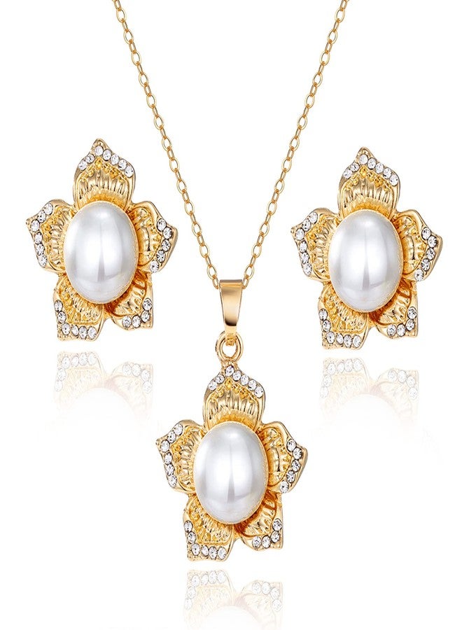 17IF Pearl Flower Earrings Necklace Gold Jewelry Sets For Women Bride Bridesmaids Wedding Party Prom, Dainty Jewelry Gift(Flower) - Image 1