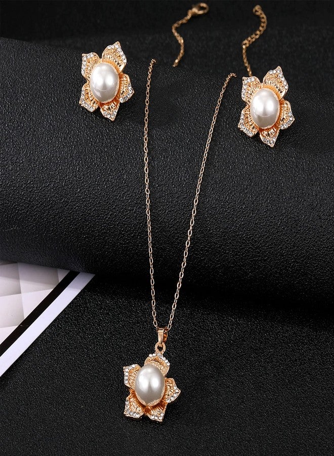 17IF Pearl Flower Earrings Necklace Gold Jewelry Sets For Women Bride Bridesmaids Wedding Party Prom, Dainty Jewelry Gift(Flower) - Image 5