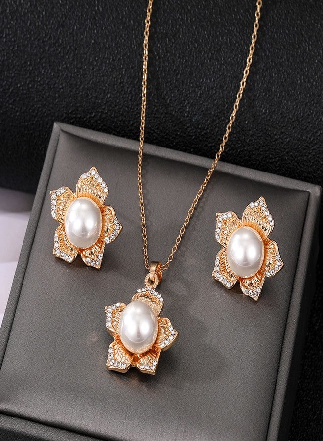 17IF Pearl Flower Earrings Necklace Gold Jewelry Sets For Women Bride Bridesmaids Wedding Party Prom, Dainty Jewelry Gift(Flower) - Image 4