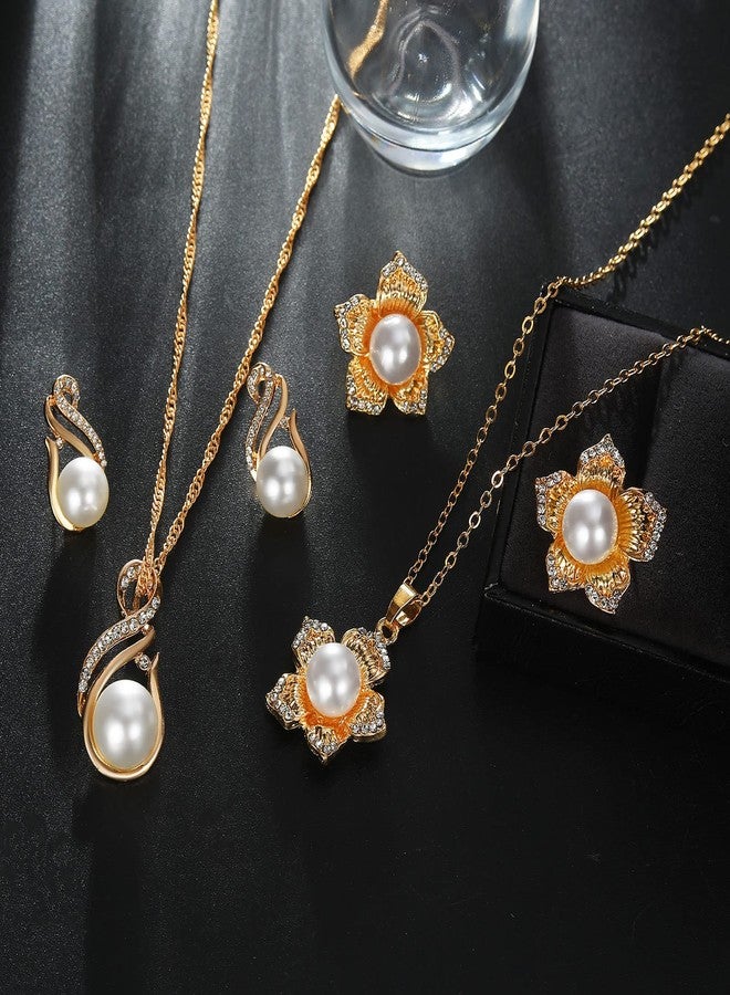 17IF Pearl Flower Earrings Necklace Gold Jewelry Sets For Women Bride Bridesmaids Wedding Party Prom, Dainty Jewelry Gift(Flower) - Image 3