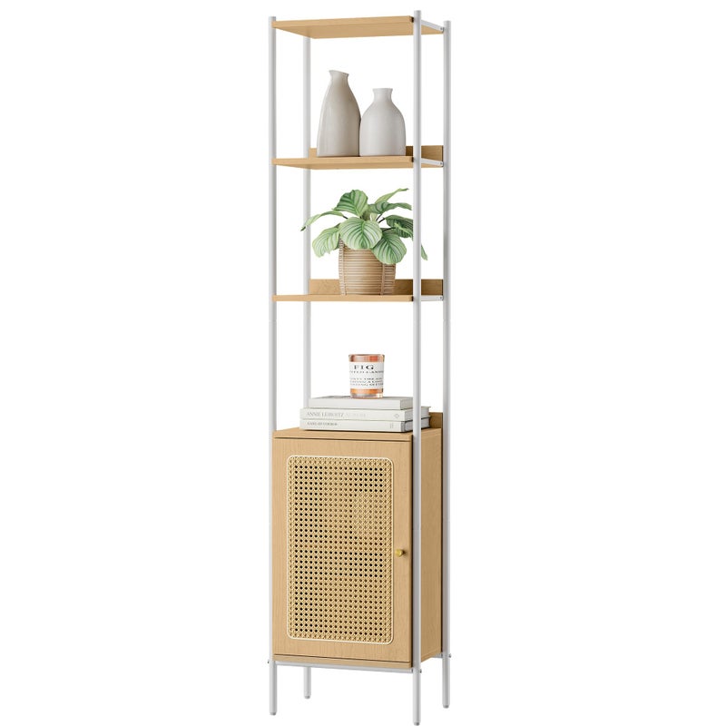 VASAGLE 6Tier Bookcase Bookshelf with RattanLike Door Boho Style Freestanding 157Inch Wide Storage Shelf Metal Frame Adjustable Shelf for Living Room Oak Beige and Pearl White ULLS122W57