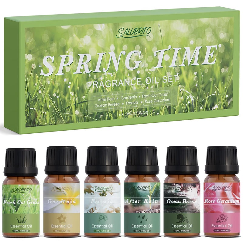 SALUBRITO Spring Fragrance Oils Set, Premium Essential Oils for Diffuser, Candle, Soap Making, After Rain, Gardenia, Fresh Cut Grass, Ocean Breeze, Freesia, Rose Geranium, Strong Scented Oils - Image 1