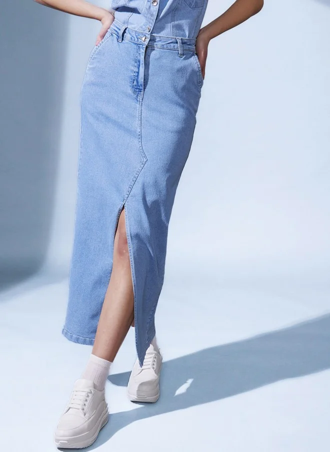 STREET 9 Blue Denim Pencil Midi Skirt for Women