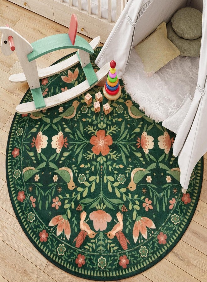 Moynesa Floral Bird Round Rug 6ft Washable Circle Rug Non Slip,Modern Cottage Green Area Rugs for Bedroom Reading Coner,Farmhouse Living Dining Room Aesthetic Carpet Vintage Home Decor - Image 1