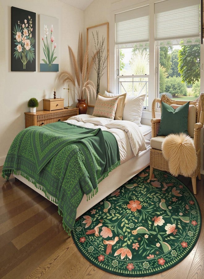 Moynesa Floral Bird Round Rug 6ft Washable Circle Rug Non Slip,Modern Cottage Green Area Rugs for Bedroom Reading Coner,Farmhouse Living Dining Room Aesthetic Carpet Vintage Home Decor - Image 4