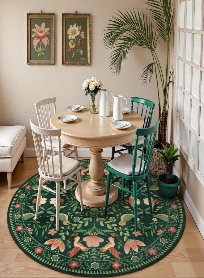 Moynesa Floral Bird Round Rug 6ft Washable Circle Rug Non Slip,Modern Cottage Green Area Rugs for Bedroom Reading Coner,Farmhouse Living Dining Room Aesthetic Carpet Vintage Home Decor - Image 3