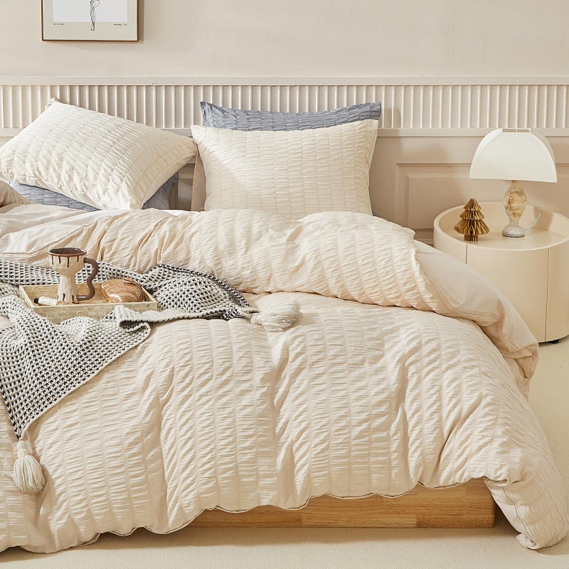 WARMDERN Duvet Cover Set Queen Size 3pcs Washed Microfiber Beige Bedding Set Soft Breathable Striped Textured Seersucker Duvet Cover with Zipper Closure  Corner TiesBeige Queen