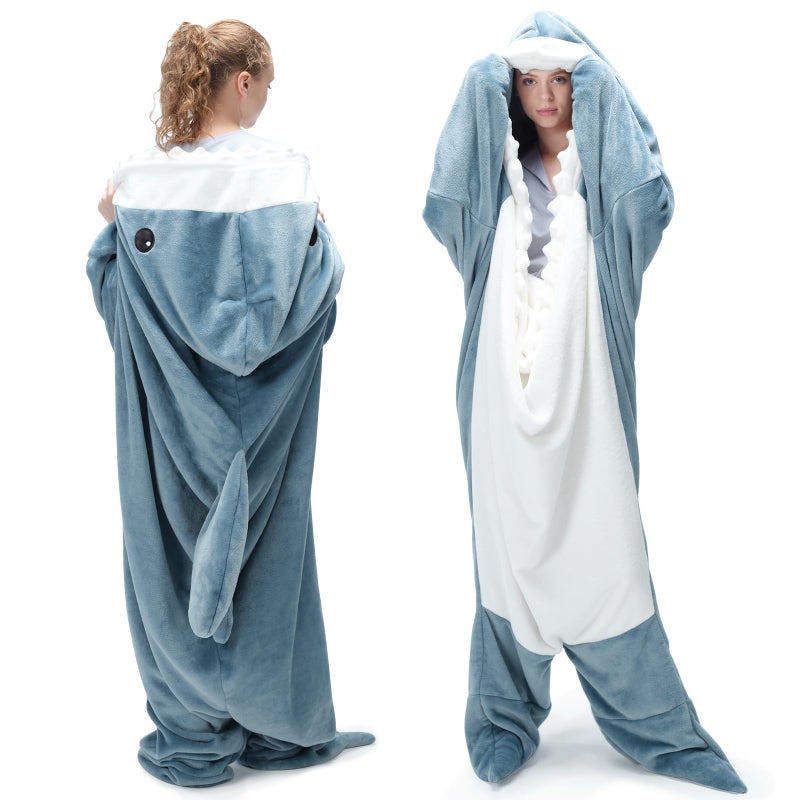 Touchat Shark Blanket for Adult Super Soft Cozy Flannel Throw Wearable Blanket, Cartoon Animals Blanket Hoodie, Sleeping Bag Cosplay Shark Costume Gifts for Shark Lovers (Blue,L) - Image 1