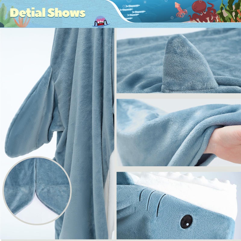 Touchat Shark Blanket for Adult Super Soft Cozy Flannel Throw Wearable Blanket, Cartoon Animals Blanket Hoodie, Sleeping Bag Cosplay Shark Costume Gifts for Shark Lovers (Blue,L) - Image 5