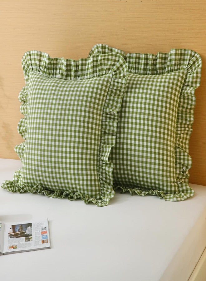 Silnuo 2 Pack Green/White Plaid Ruffle Throw Pillow Covers,100% Washed Cotton Farmhouse Gingham Decorative Pillow Shams Checkered Pillowcases 20" x 20" for Bed,Sofa，Living Room - Image 2