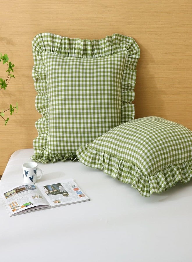 Silnuo 2 Pack Green/White Plaid Ruffle Throw Pillow Covers,100% Washed Cotton Farmhouse Gingham Decorative Pillow Shams Checkered Pillowcases 20" x 20" for Bed,Sofa，Living Room - Image 1