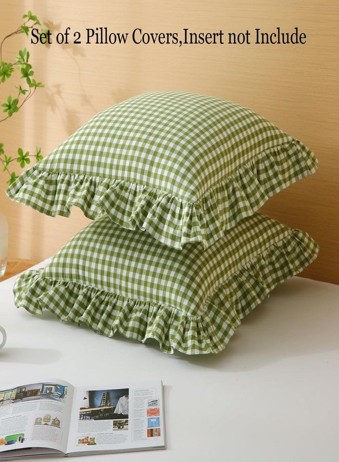 Silnuo 2 Pack Green/White Plaid Ruffle Throw Pillow Covers,100% Washed Cotton Farmhouse Gingham Decorative Pillow Shams Checkered Pillowcases 20" x 20" for Bed,Sofa，Living Room - Image 3