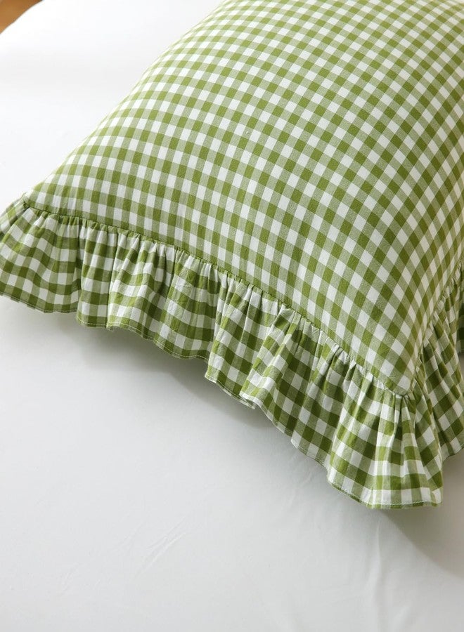 Silnuo 2 Pack Green/White Plaid Ruffle Throw Pillow Covers,100% Washed Cotton Farmhouse Gingham Decorative Pillow Shams Checkered Pillowcases 20" x 20" for Bed,Sofa，Living Room - Image 4