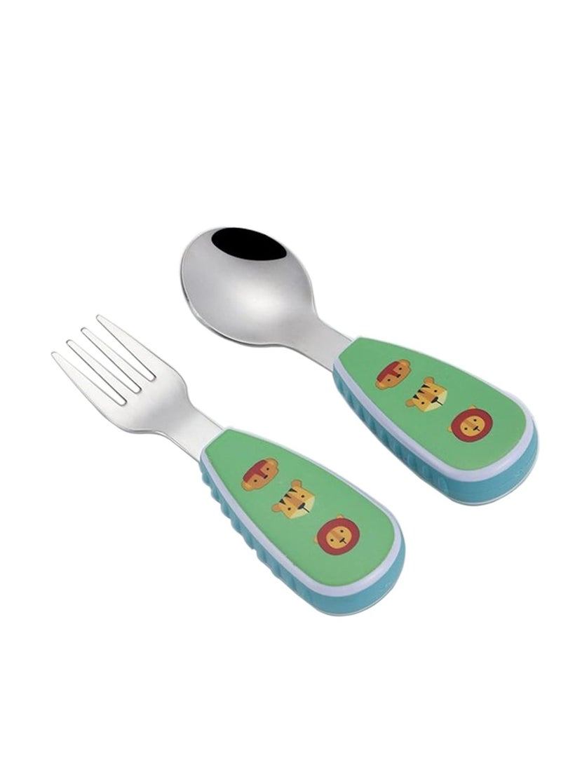 Oasisgalore Jungle Theme Kids' Cutlery Set with Case, Stainless Steel Spoon & Fork for Lunch Box, Animal Design - Image 1