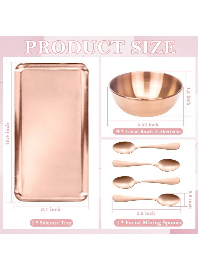 DLUGOPIS 9 Pcs Gold Facial Supplies Large Rose Gold Skincare Tray 4 Stainless Steel Facial Mask Mixing Bowls 4 Esthetician Mixing Spoons Spa Tray Esthetician Bowls for Mask Body Care Bathroom - Image 2