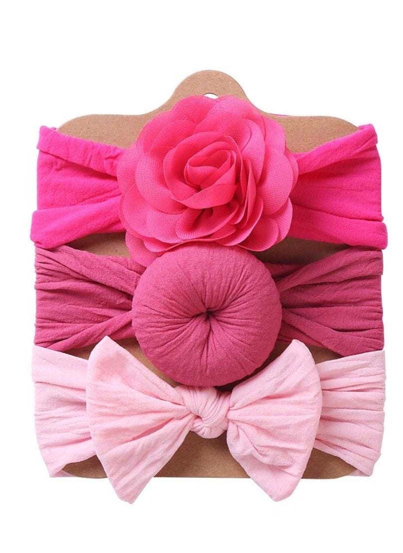 The Girl Cap Elastic Baby Headband Stretchable Nylon Assorted Hairbands Hair Accessories for Baby - 3PCs (Dark Pink, Light Pink, Pink) 