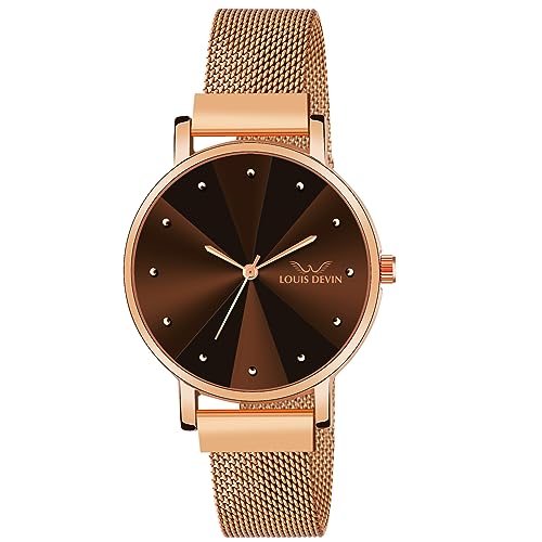 LOUIS DEVIN Rose Gold Plated Mesh Chain Analog Wrist Watch for Women (Brown Dial) | LD-RG173-BRW - Image 1
