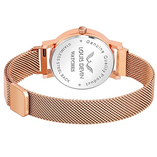 LOUIS DEVIN Rose Gold Plated Mesh Chain Analog Wrist Watch for Women (Brown Dial) | LD-RG173-BRW - Image 4