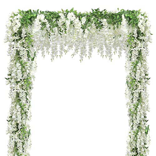 Findosom Wisteria Artificial Flowers Garland 5Pcs Total 36FT White Wisteria Hanging Flowers Flower Garland Decorations for Home Garden Outdoor Ceremony Wedding Arch Decoration