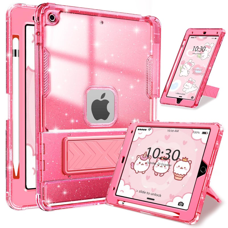 INFILAND Case for iPad 9th/8th/7th Generation 2021/2020/2019 10.2 inch Glitter Clear, Shockproof Protective Cute iPad 7/8/9 Gen Cover with Stand, Pencil Holder for Kids, Girls, Women (Pink) - Image 1