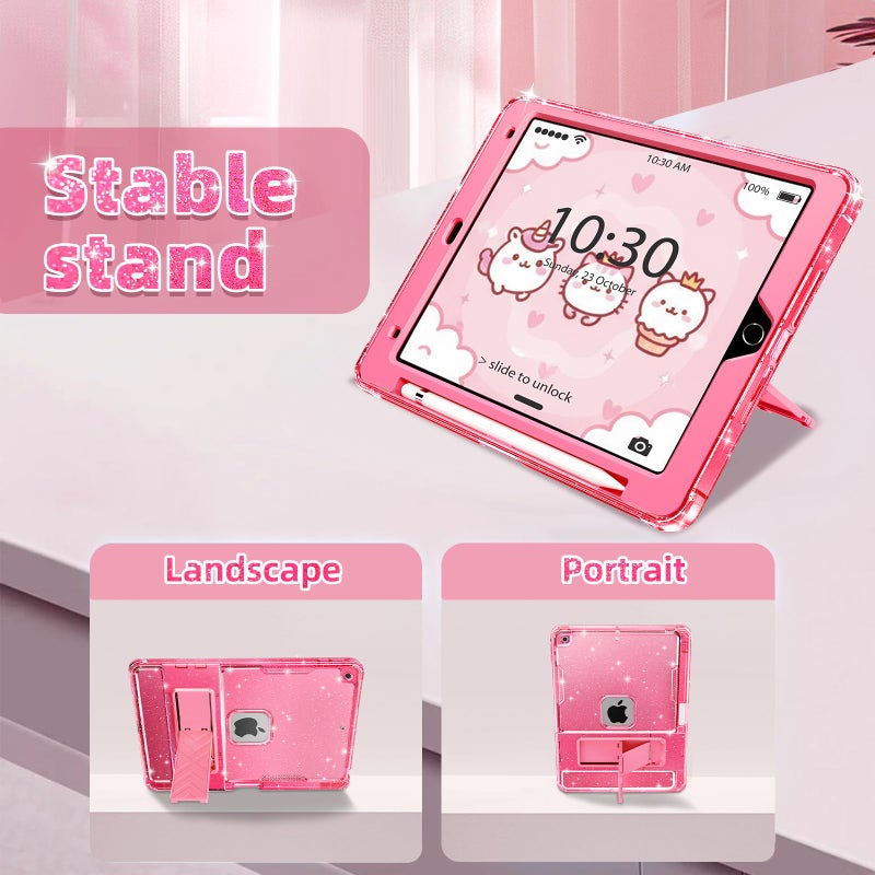 INFILAND Case for iPad 9th/8th/7th Generation 2021/2020/2019 10.2 inch Glitter Clear, Shockproof Protective Cute iPad 7/8/9 Gen Cover with Stand, Pencil Holder for Kids, Girls, Women (Pink) - Image 4