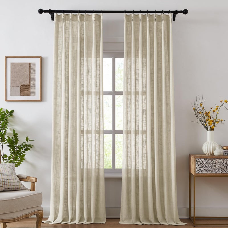 Swandream Pinch Pleated Linen Curtains for Living Room, Light Filtering Sheer Curtains 84 inches Long, Farmhouse Natural Pinch Pleat Drapes, Semi Sheer Window Linen Curtain with Hooks 2 Panels - Image 1