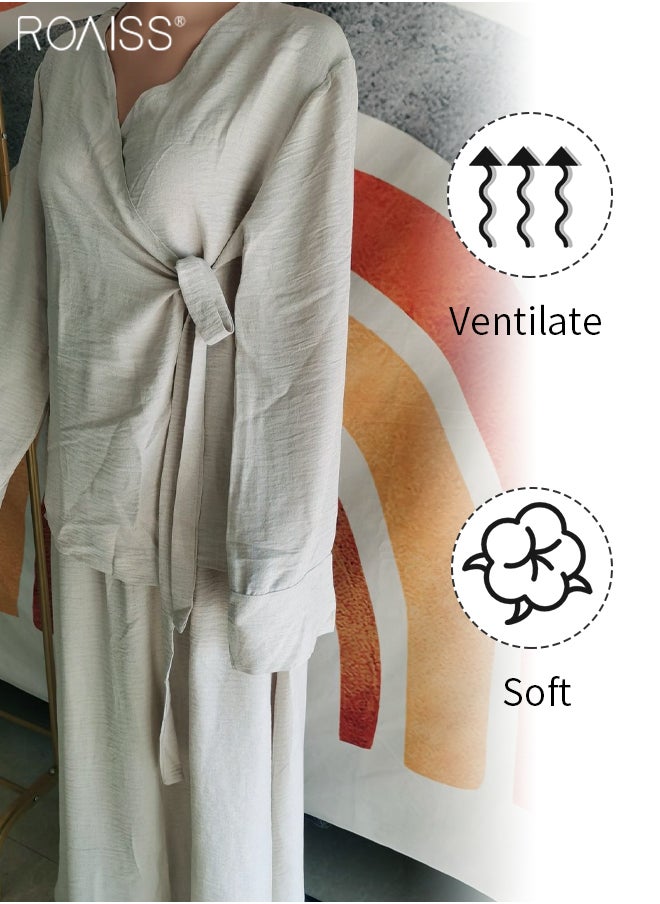 roaiss 2-Piece Women's Shirt And Skirt Set Loose Fitting Long Sleeved Side Tie Shirt+High Waist Large Hem A-Line Skirt  - Image 4