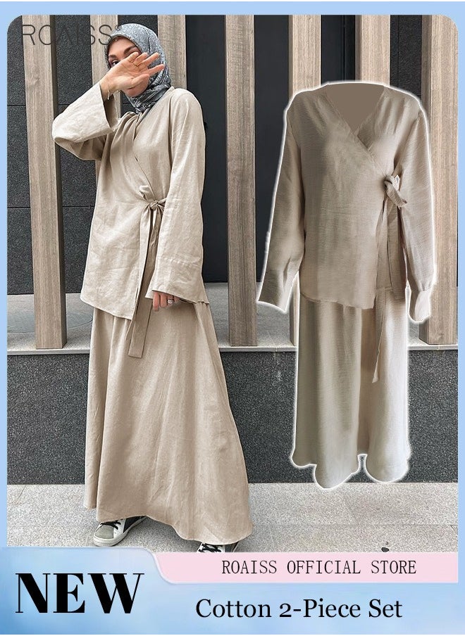 roaiss 2-Piece Women's Shirt And Skirt Set Loose Fitting Long Sleeved Side Tie Shirt+High Waist Large Hem A-Line Skirt  - Image 2