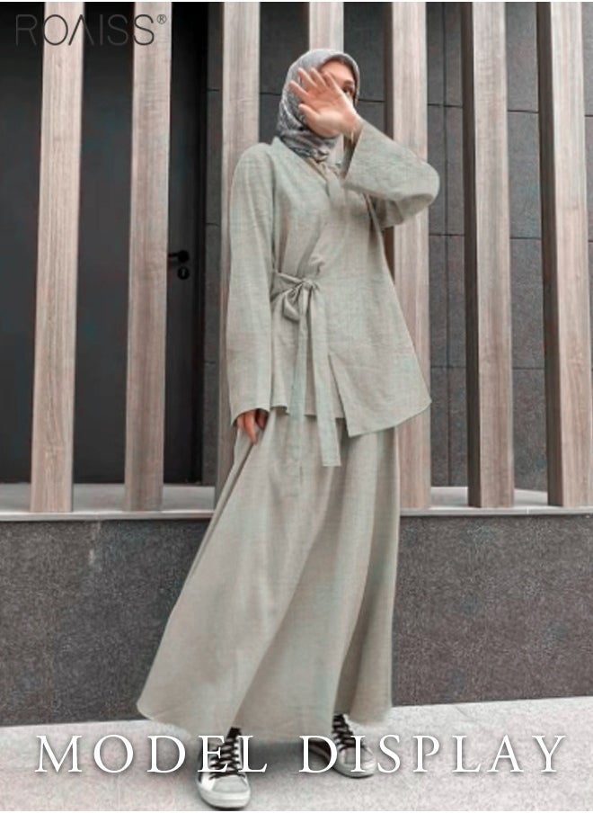 roaiss 2-Piece Women's Shirt And Skirt Set Loose Fitting Long Sleeved Side Tie Shirt+High Waist Large Hem A-Line Skirt  - Image 1