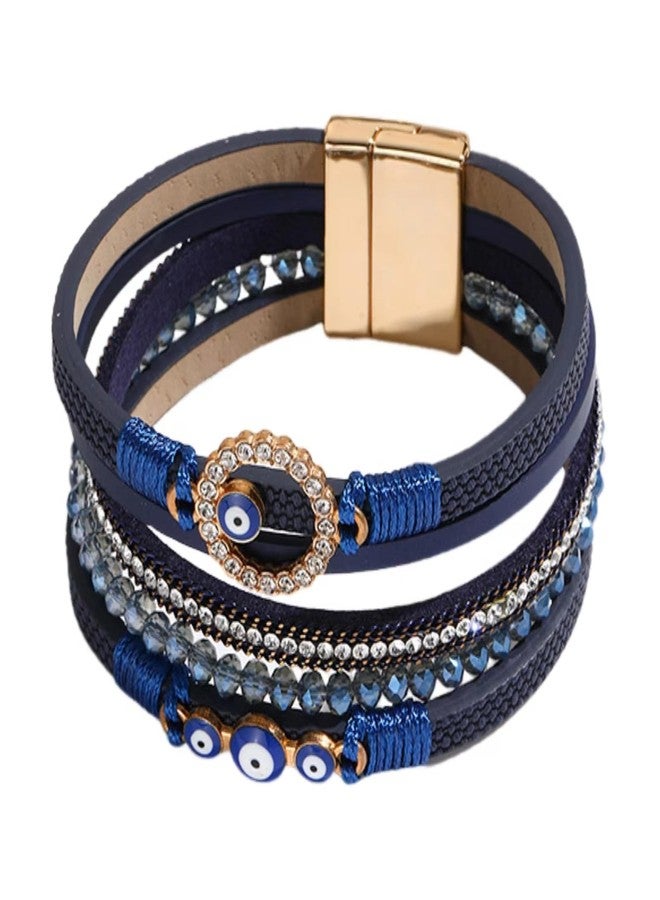 KunBead Sparkly Evil Eye Blue Leather Wrap Bracelets for Women Handmade Braided Boho Multilayer Bracelet Wristband Cuff Bangle - Image 1