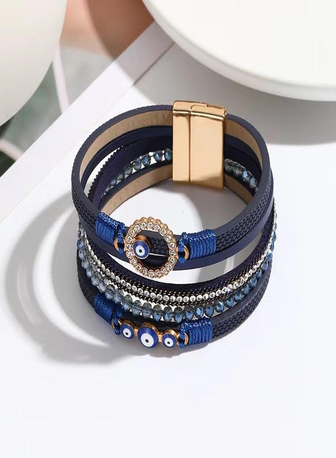 KunBead Sparkly Evil Eye Blue Leather Wrap Bracelets for Women Handmade Braided Boho Multilayer Bracelet Wristband Cuff Bangle - Image 2