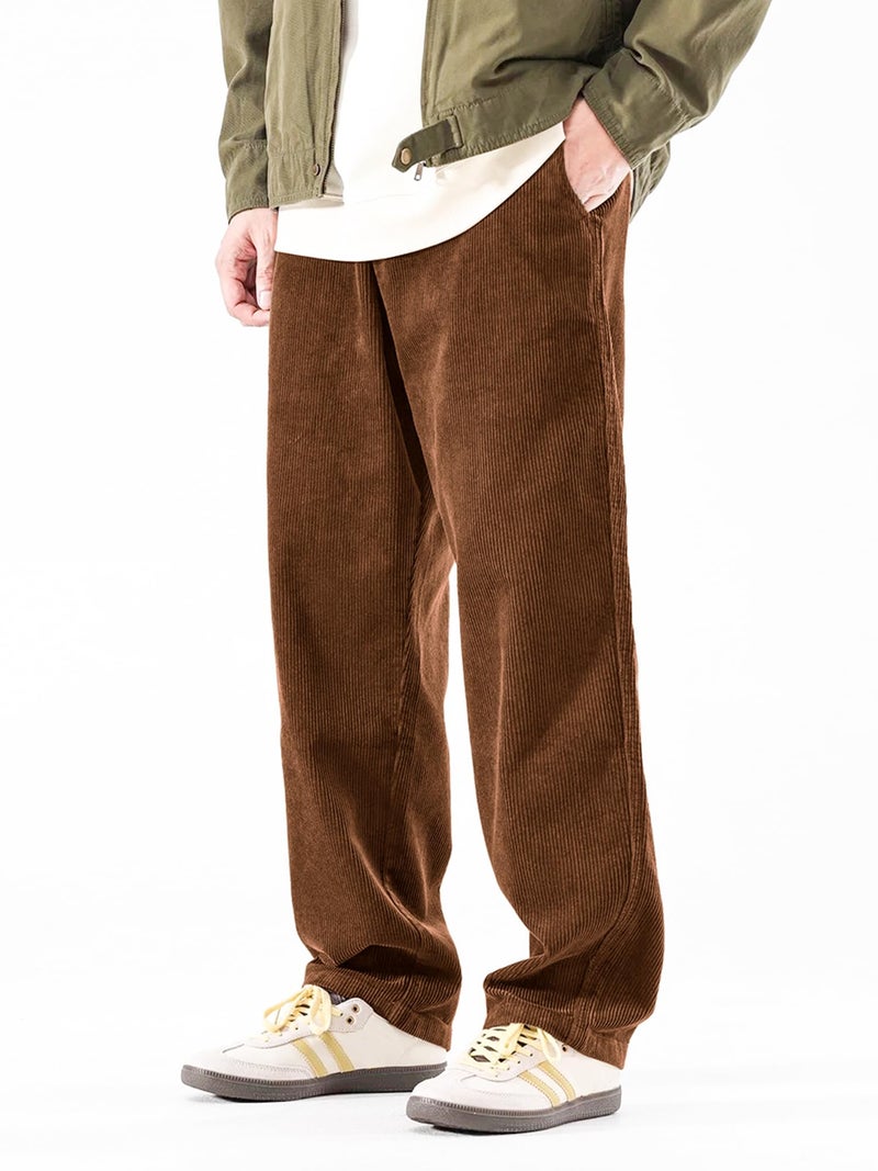 PLEPAN Mens Baggy Corduroy Pants Elastic Waist Drawstring Casual Wide Leg Sweatpants for Men with Pockets S Brown - Image 1