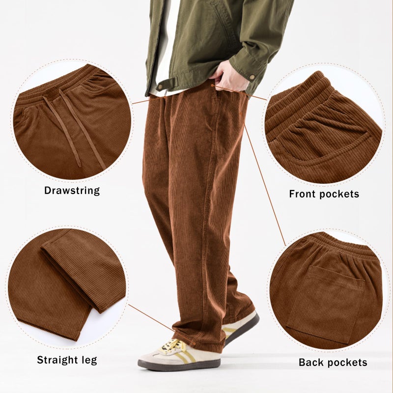 PLEPAN Mens Baggy Corduroy Pants Elastic Waist Drawstring Casual Wide Leg Sweatpants for Men with Pockets S Brown - Image 4