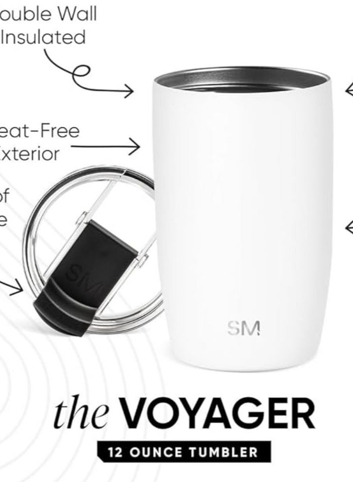 سيمبل مودرن كوب قهوة للسفر مع غطاء قابل للطي | ترمس معزول من الفولاذ المقاوم للصدأ قابل لإعادة الاستخدام لتحضير القهوة المثلجة | هدايا للنساء والرجال له ولها | مجموعة فوييجر | 12 أونصة | أبيض - Image 3