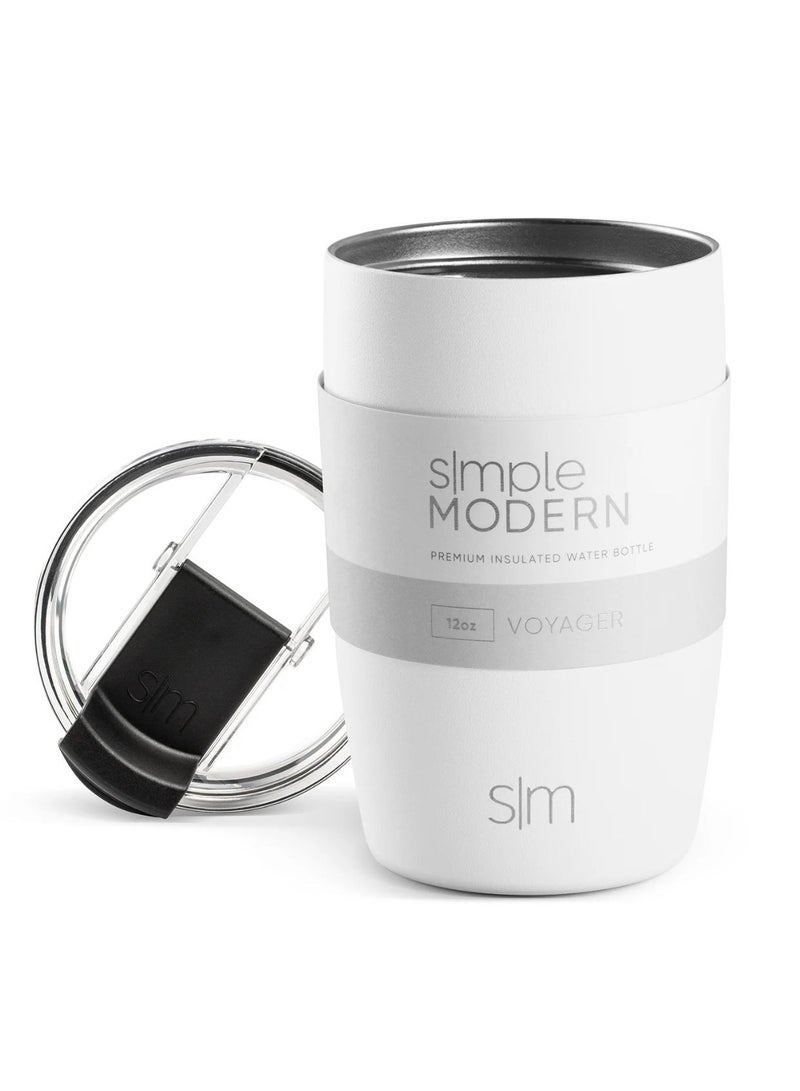 سيمبل مودرن كوب قهوة للسفر مع غطاء قابل للطي | ترمس معزول من الفولاذ المقاوم للصدأ قابل لإعادة الاستخدام لتحضير القهوة المثلجة | هدايا للنساء والرجال له ولها | مجموعة فوييجر | 12 أونصة | أبيض - Image 1