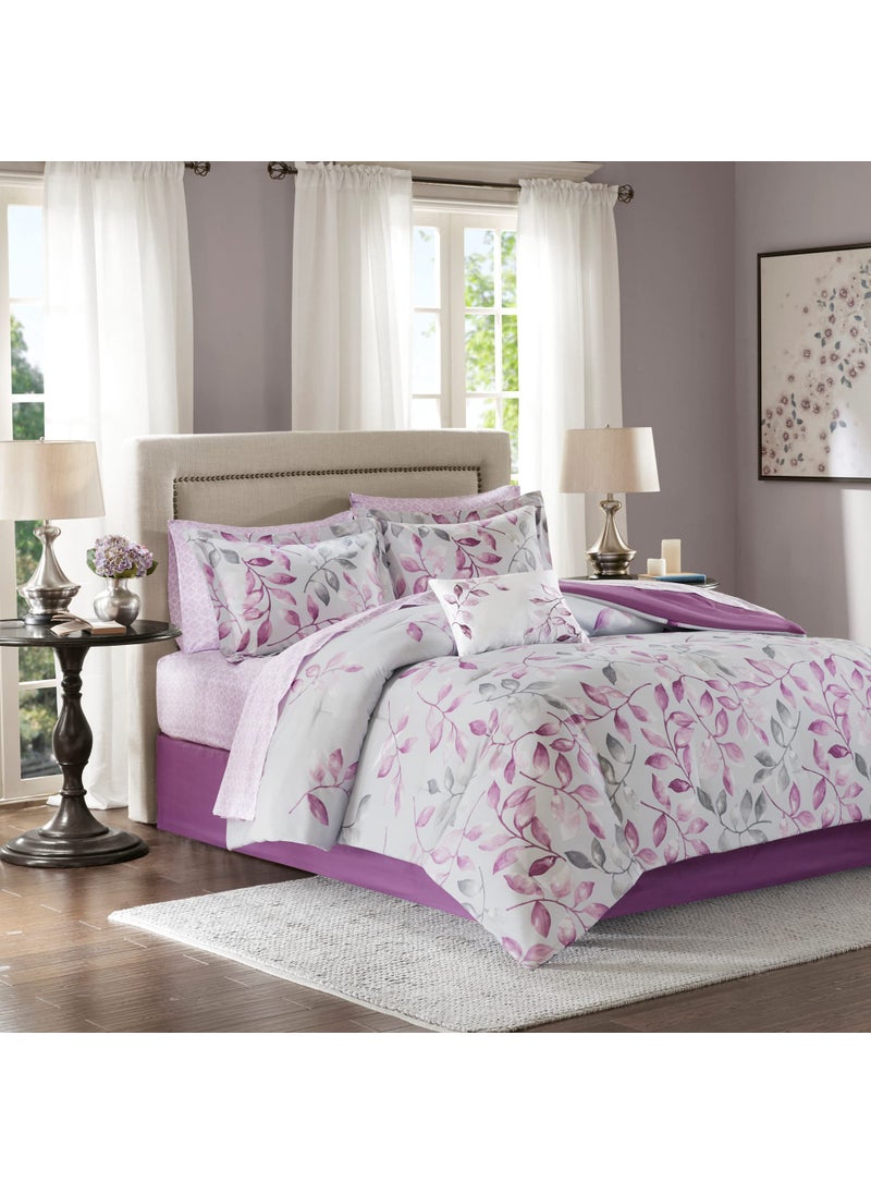 madison park Madison Park Essentials Cozy Bed In A Bag Comforter with Complete Cotton Sheet Set  Trendy Floral Design All Season Cover Decorative Pillow Twin68x86 Leaf Purple 9 Piece 