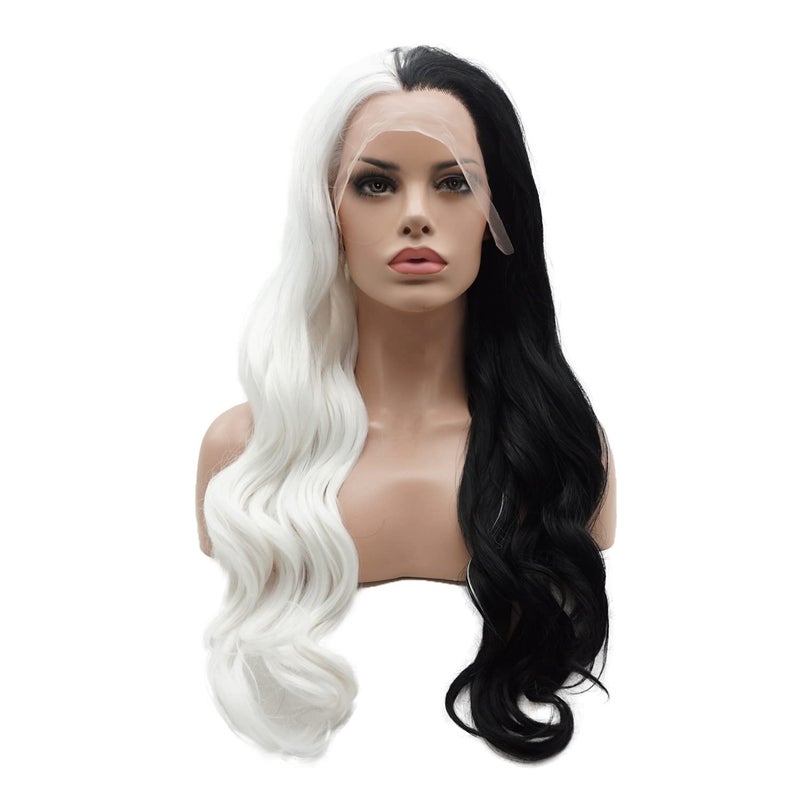 Lushy Lushy Wavy Long 24inch Half White Half Black Mix Heat Resistant Heavy Density Realistic Synthetic Lace Front Wig 