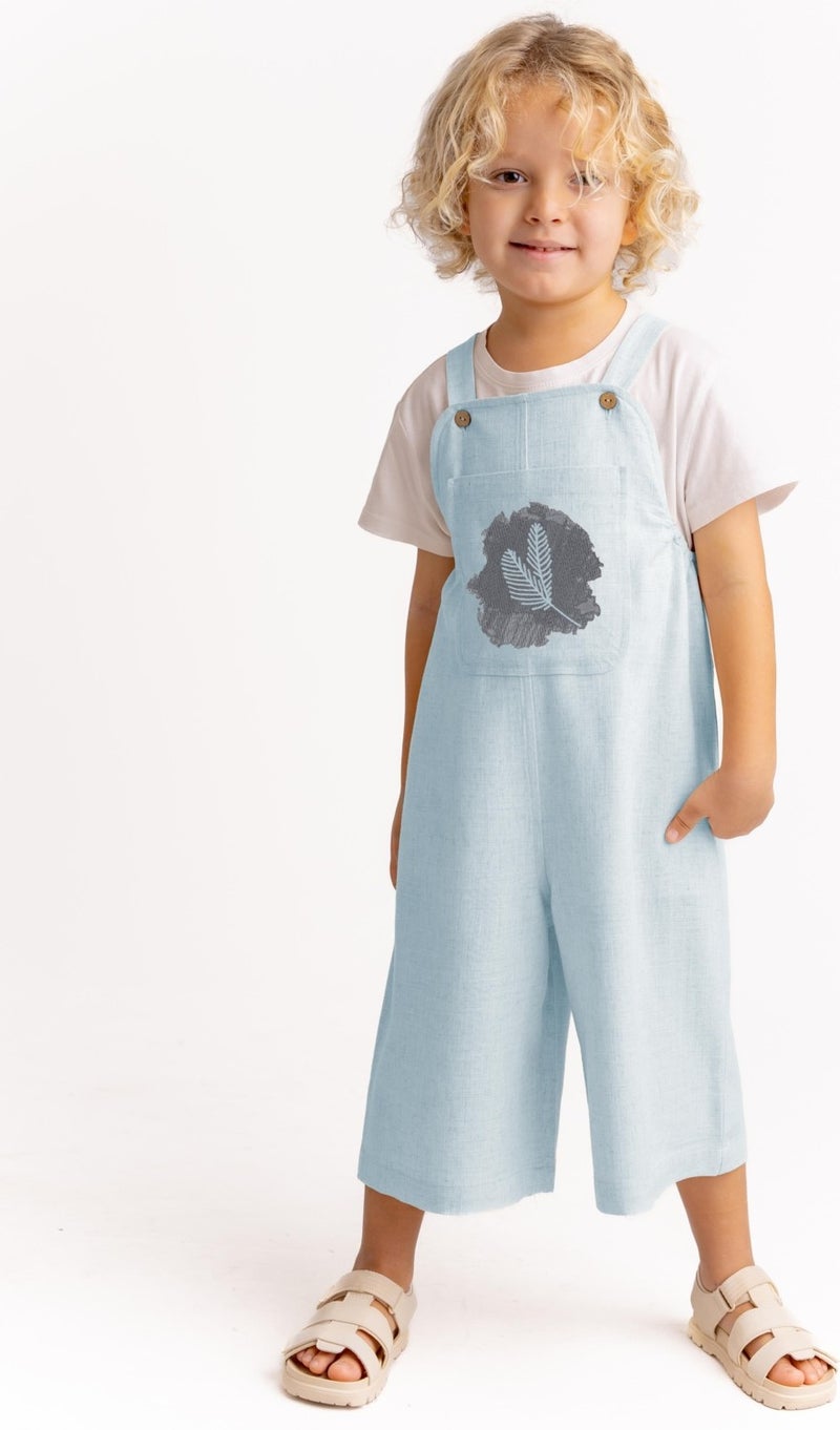 Oliven The Kid Unisex Crochet Embroidered Linen Overalls Blue - Image 1