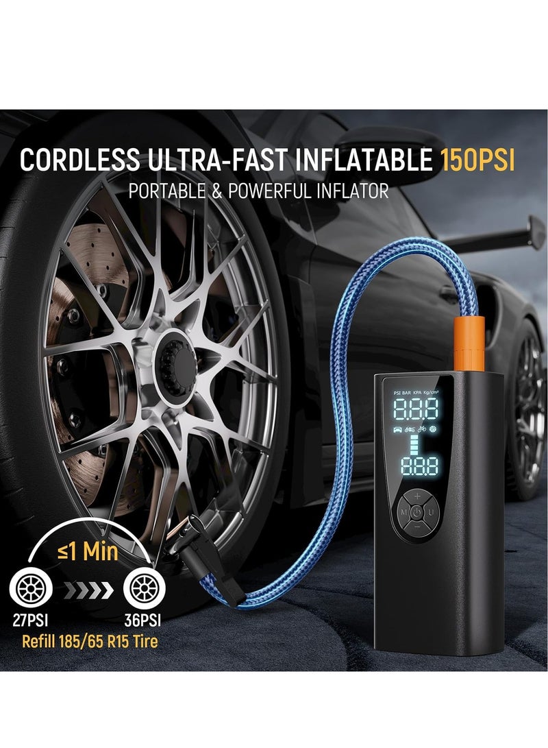 عام ضاغط هواء محمول منفاخ الإطارات، مضخة هواء محمولة بقوة 150 رطل لكل بوصة مربعة لإطارات السيارة مع بطارية 8000 مللي أمبير في الساعة، مضخة دراجة ذاتية الإيقاف مع مقياس ضغط رقمي وإضاءة طوارئ للسيارة - Image 2