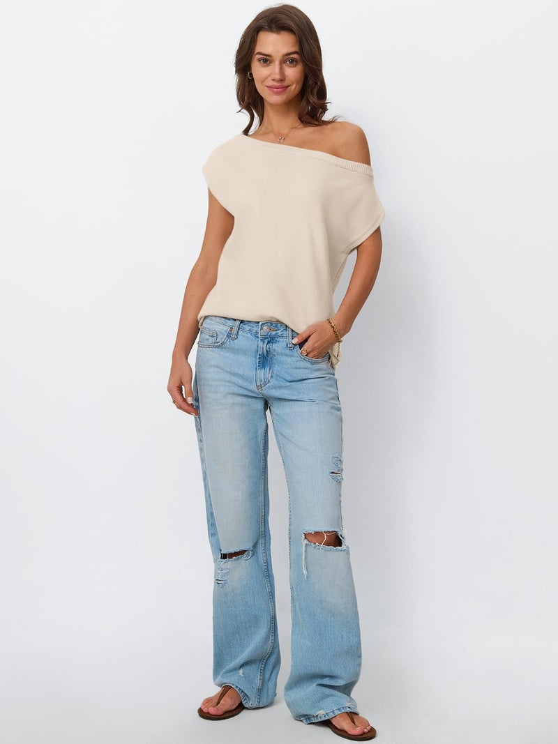 LILLUSORY Womens Off The Shoulder Sweaters Casual Short Sleeve Knit Tops Trendy Summer Going Out Lightweight Pullover Apricot M - Image 5