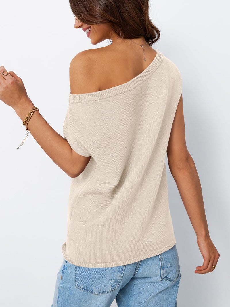 LILLUSORY Womens Off The Shoulder Sweaters Casual Short Sleeve Knit Tops Trendy Summer Going Out Lightweight Pullover Apricot M - Image 4