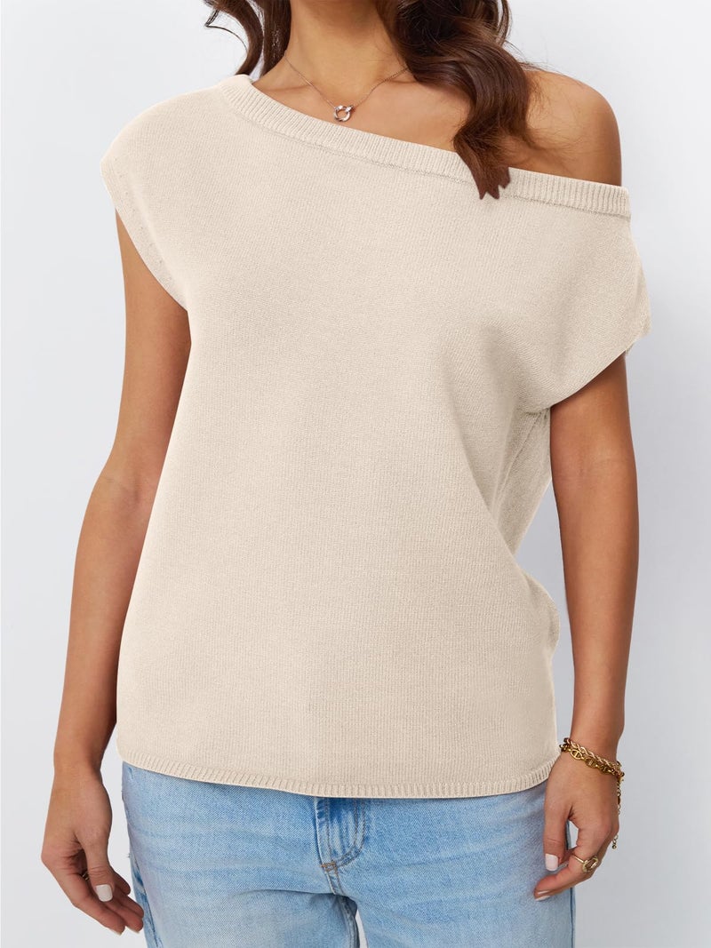 LILLUSORY Womens Off The Shoulder Sweaters Casual Short Sleeve Knit Tops Trendy Summer Going Out Lightweight Pullover Apricot M - Image 2