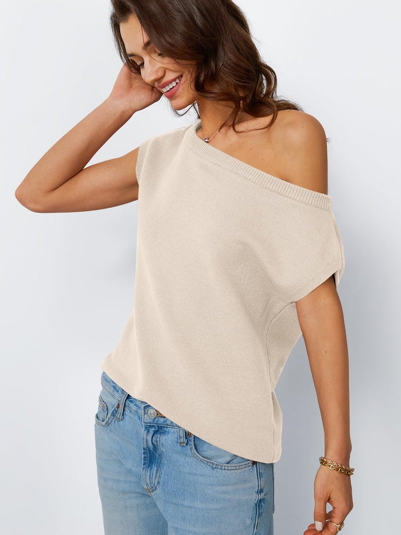 LILLUSORY Womens Off The Shoulder Sweaters Casual Short Sleeve Knit Tops Trendy Summer Going Out Lightweight Pullover Apricot M - Image 3